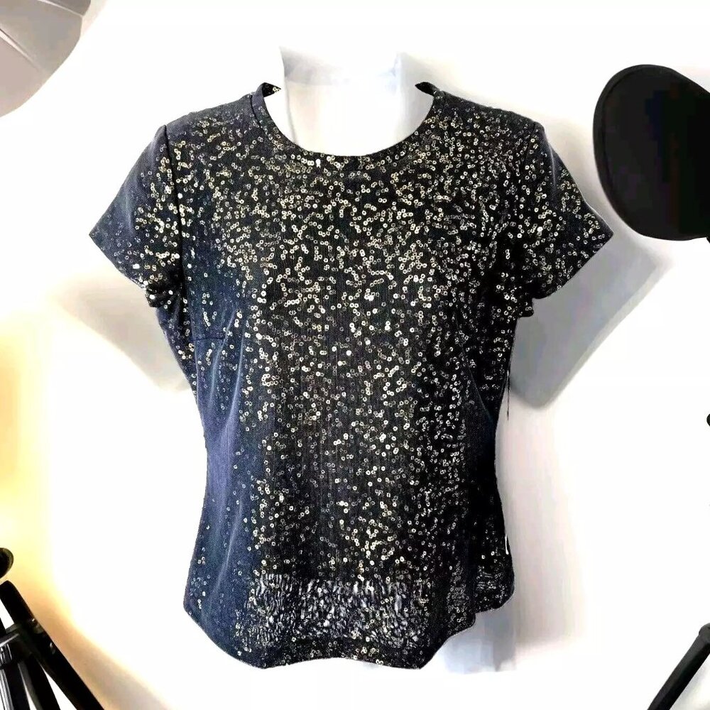 Carlisle Navy Sequin Short Sleeve Top
